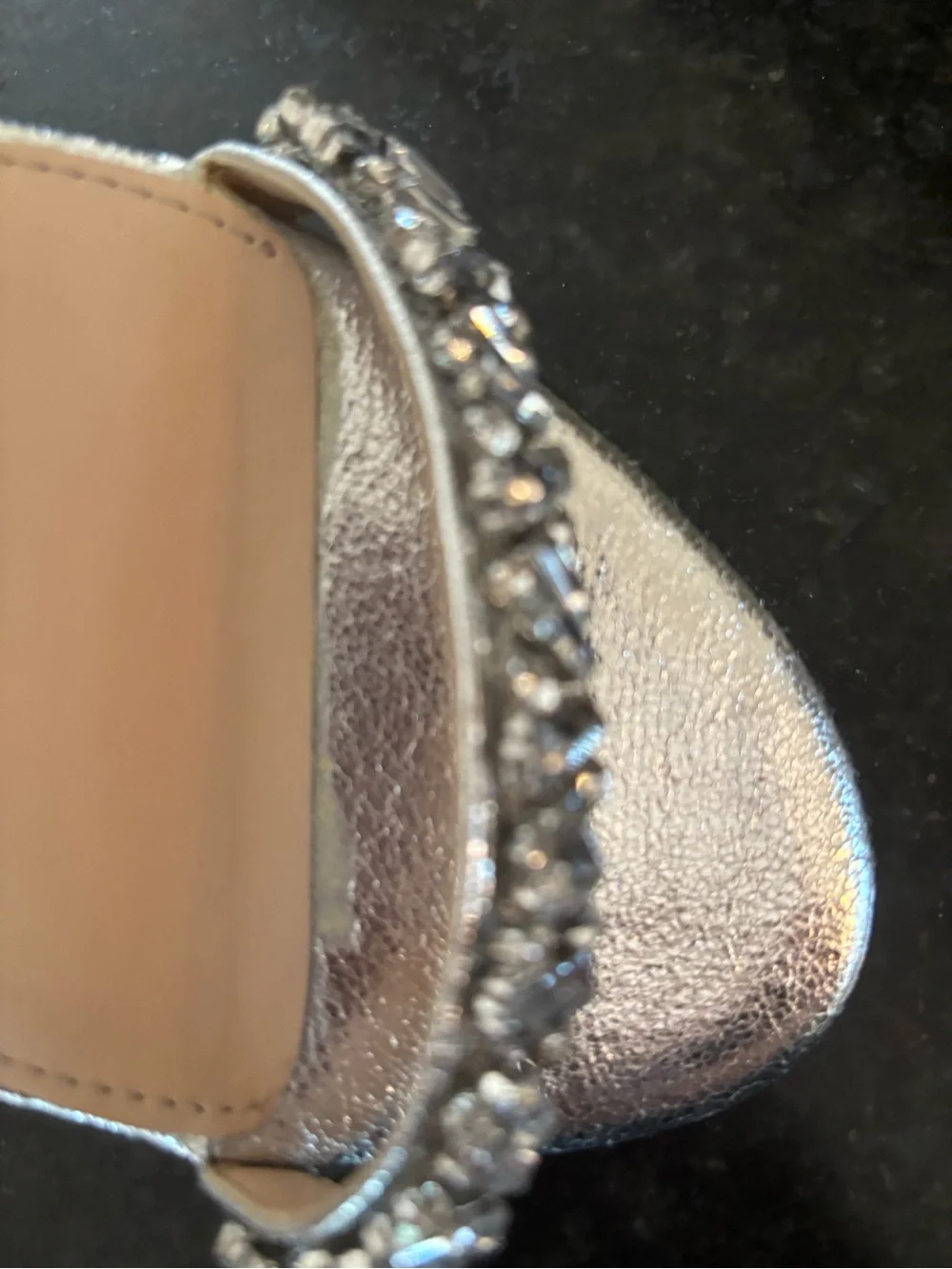 🩷Jewel Badgley Mischka Crystal-Embellished Ankle-Strap silver Heels~Size 10